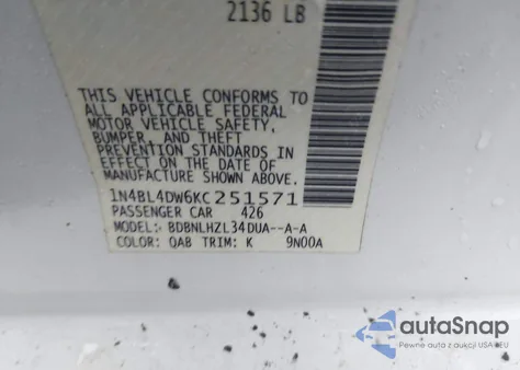 2019 Nissan Altima 2.5 Sv z USA, uszkodzony, nr VIN 1N4BL4DW6KC251571